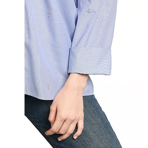 Embroidered Off Shoulder Straps Striped Poplin Top - Picture 6 of 9